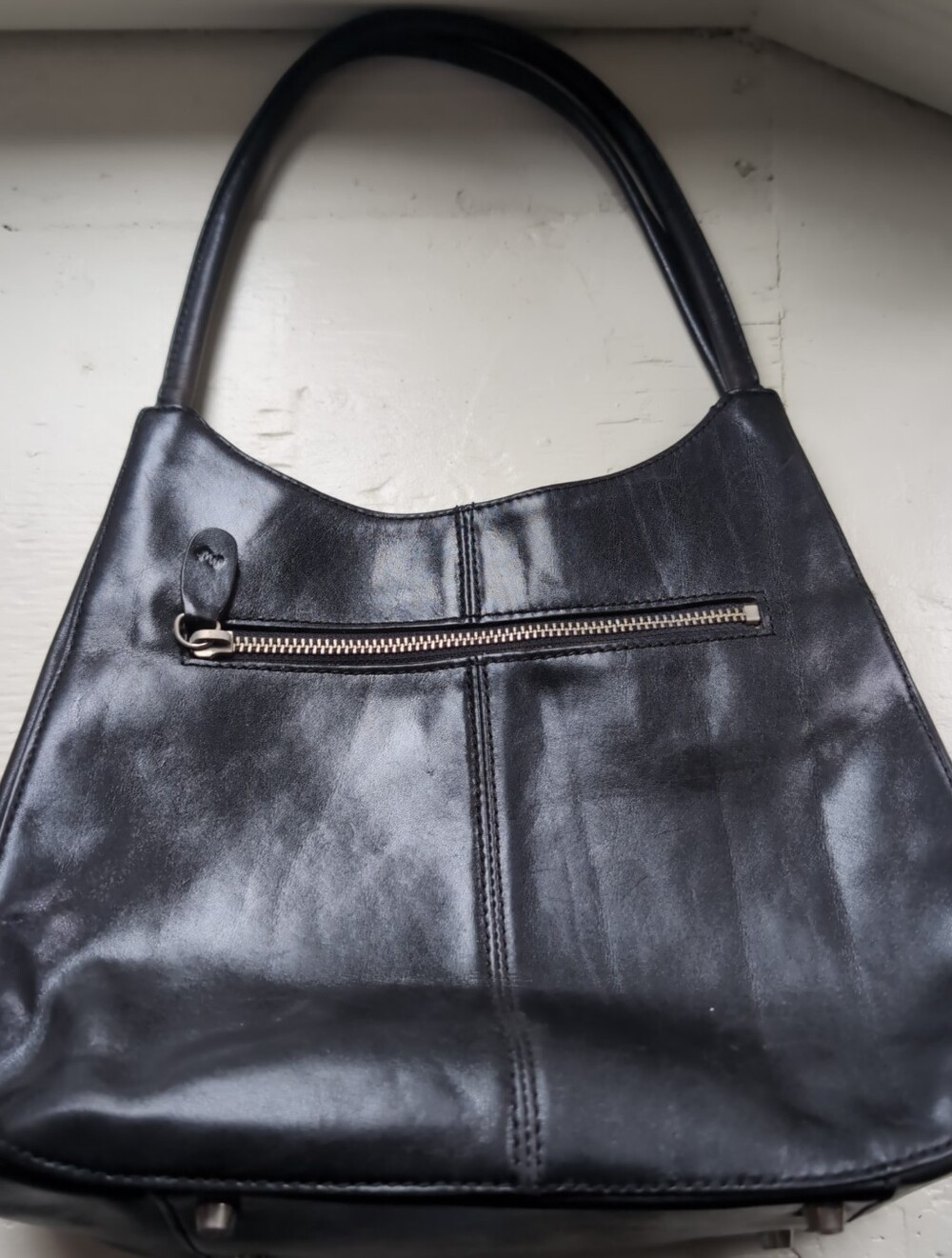 Vintage 90s or Y2K black real leather Monsac shoulder bag with silver zipper